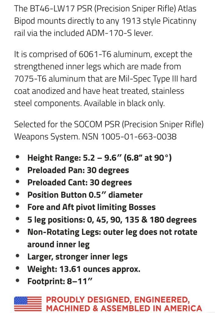 B&T Industries Atlas Bipod – BT46-LW17 (SOCOM PSR Weapon Systems) ***SOLD***